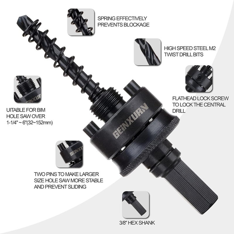 GEINXURN General Quick Change Hole Saw Mandrel, 7/16-Inch and 3/8 Inch Hole Saw Arbor with 3Pcs Central Drill/2PCS Hex wrench/2Pcs Spring - Image 3